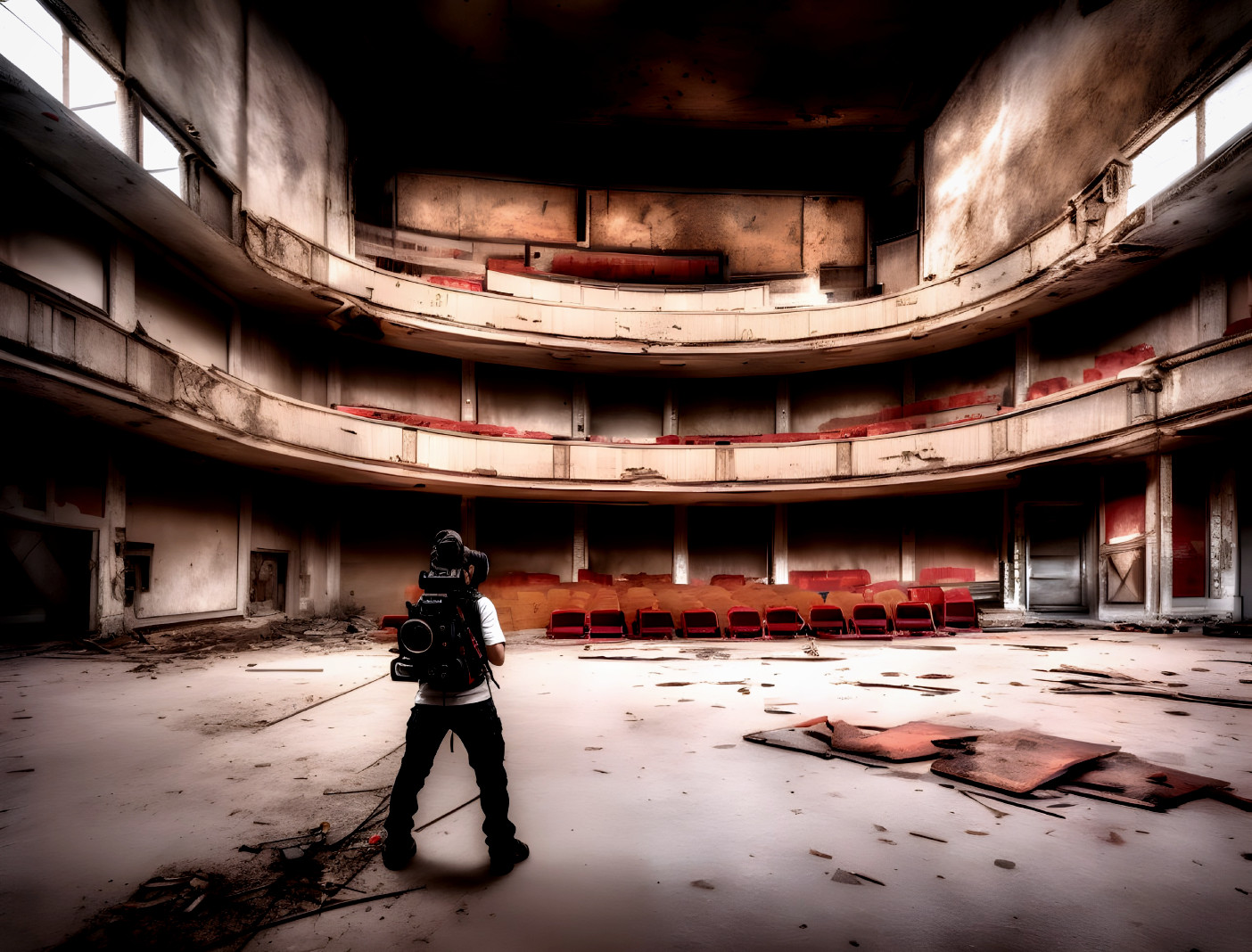 Photographer in dilapidated theater with red seats and peeling walls