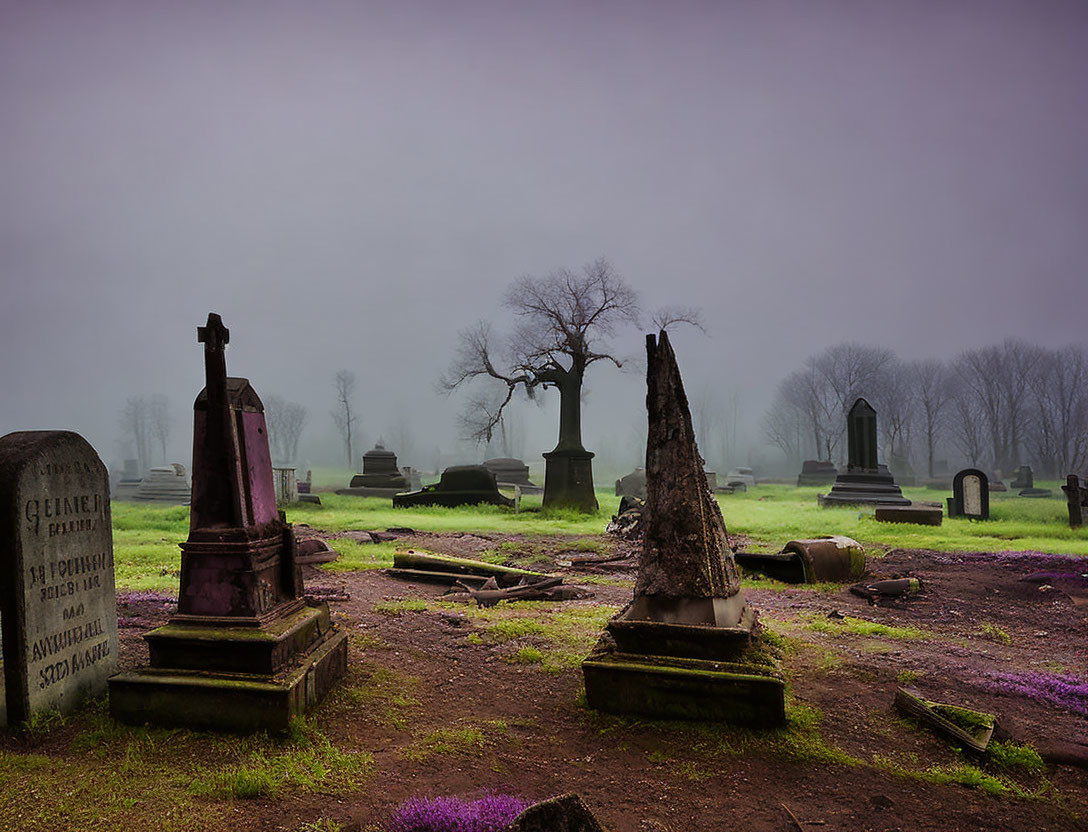 Misty cemetery with weathered headstones, fallen tree, and purple flowers