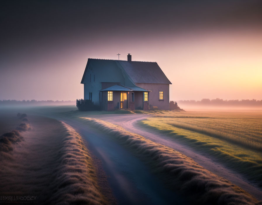 Solitary house in soft glow amid vast fields at dawn