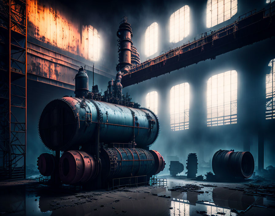 Abandoned industrial interior with towering machinery and scattered debris