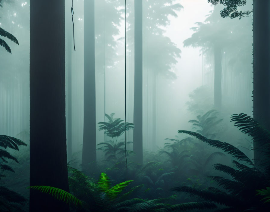 Misty forest with tall trees and lush fern undergrowth