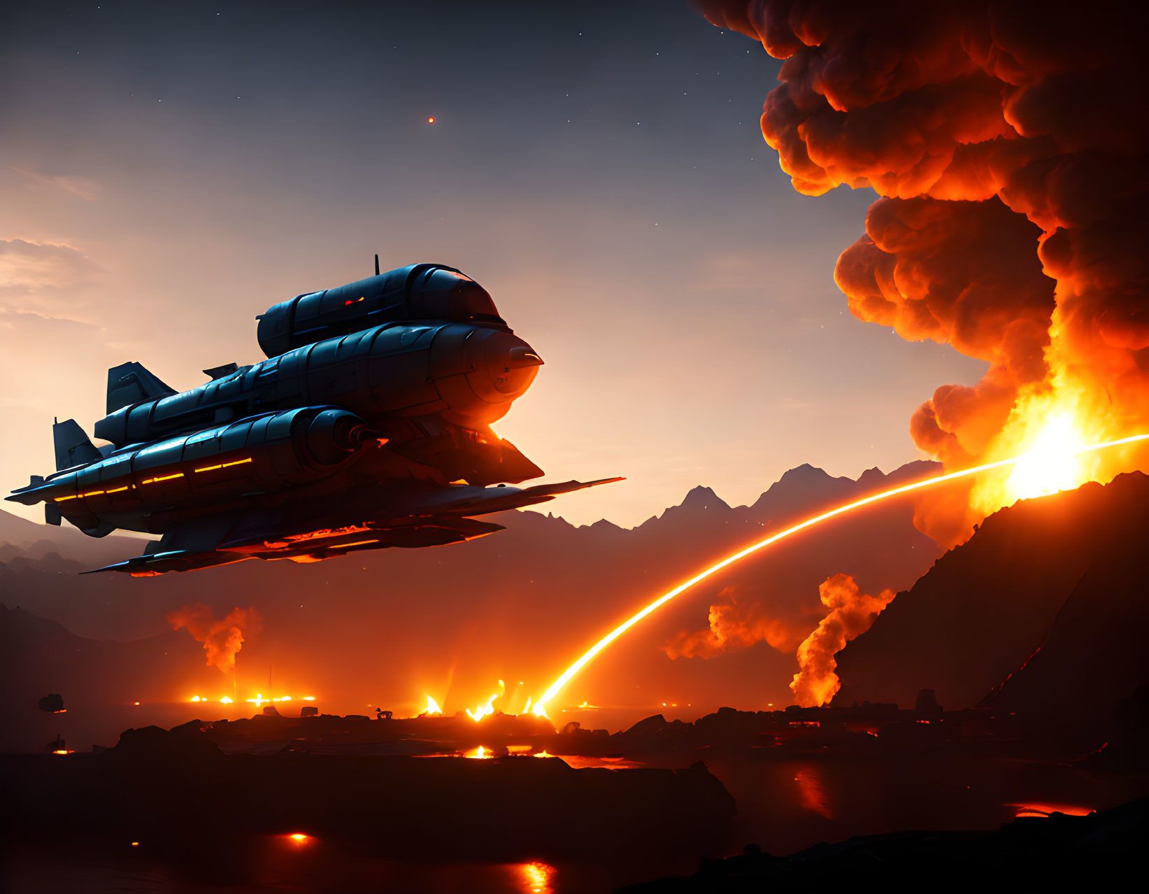 Spacecraft flying over erupting volcano landscape at dusk