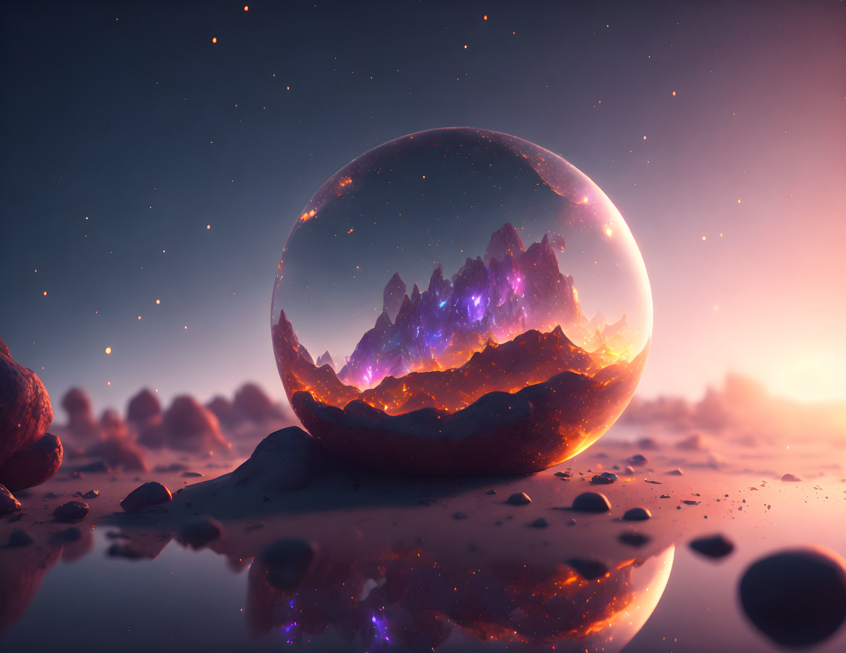 Crystal Ball with Mountain Range in Twilight Landscape and Starry Sky