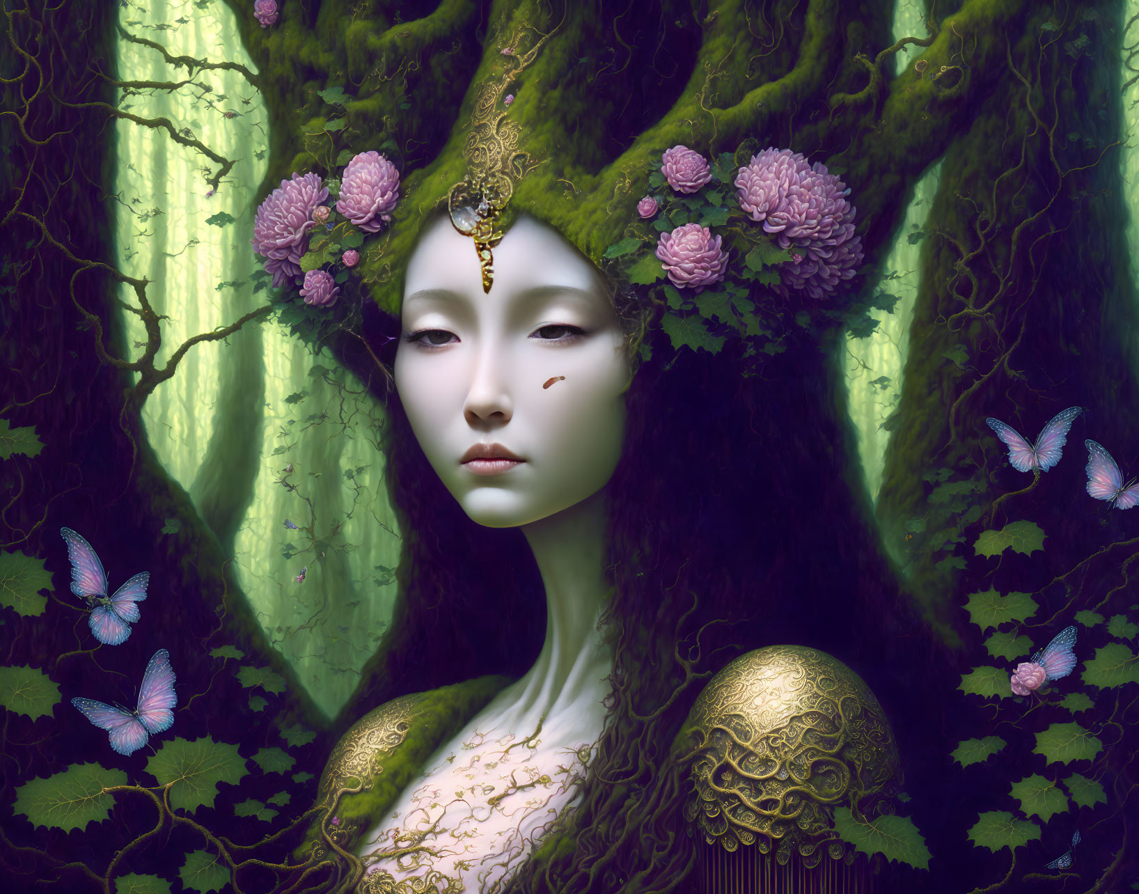 Mystical pale female figure with ornate headpiece in forest setting