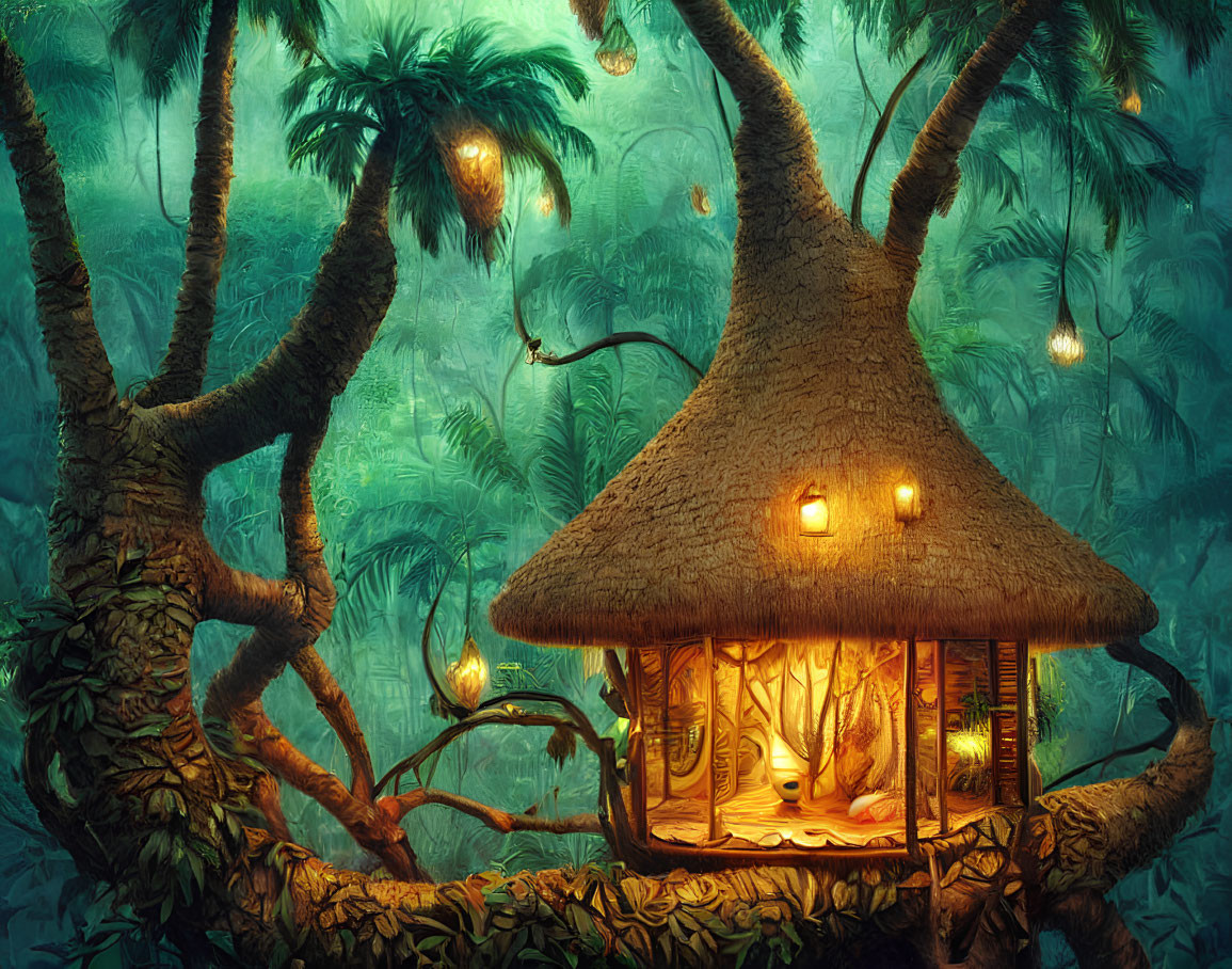Thatched roof treehouse in mystical forest with glowing lanterns
