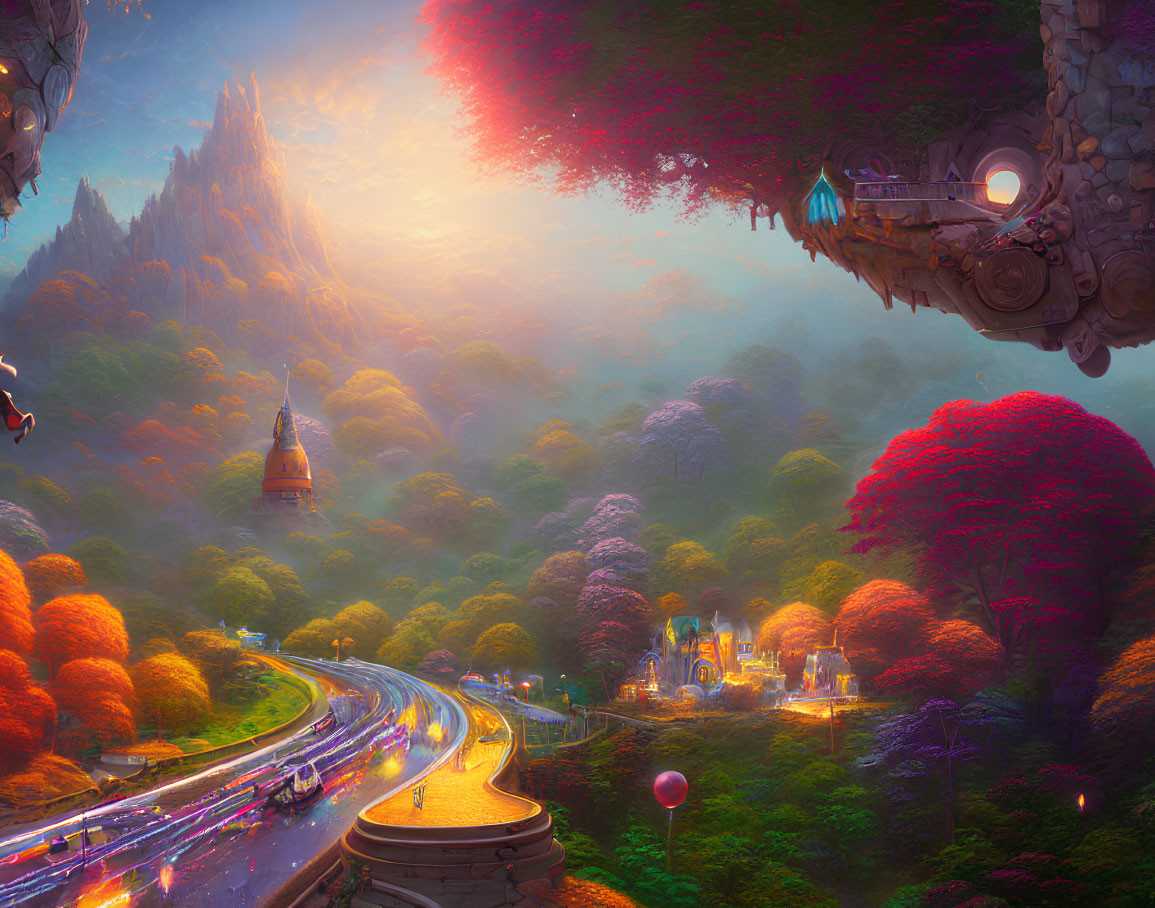 Colorful Fantasy Landscape with Winding Road and Glowing Castle