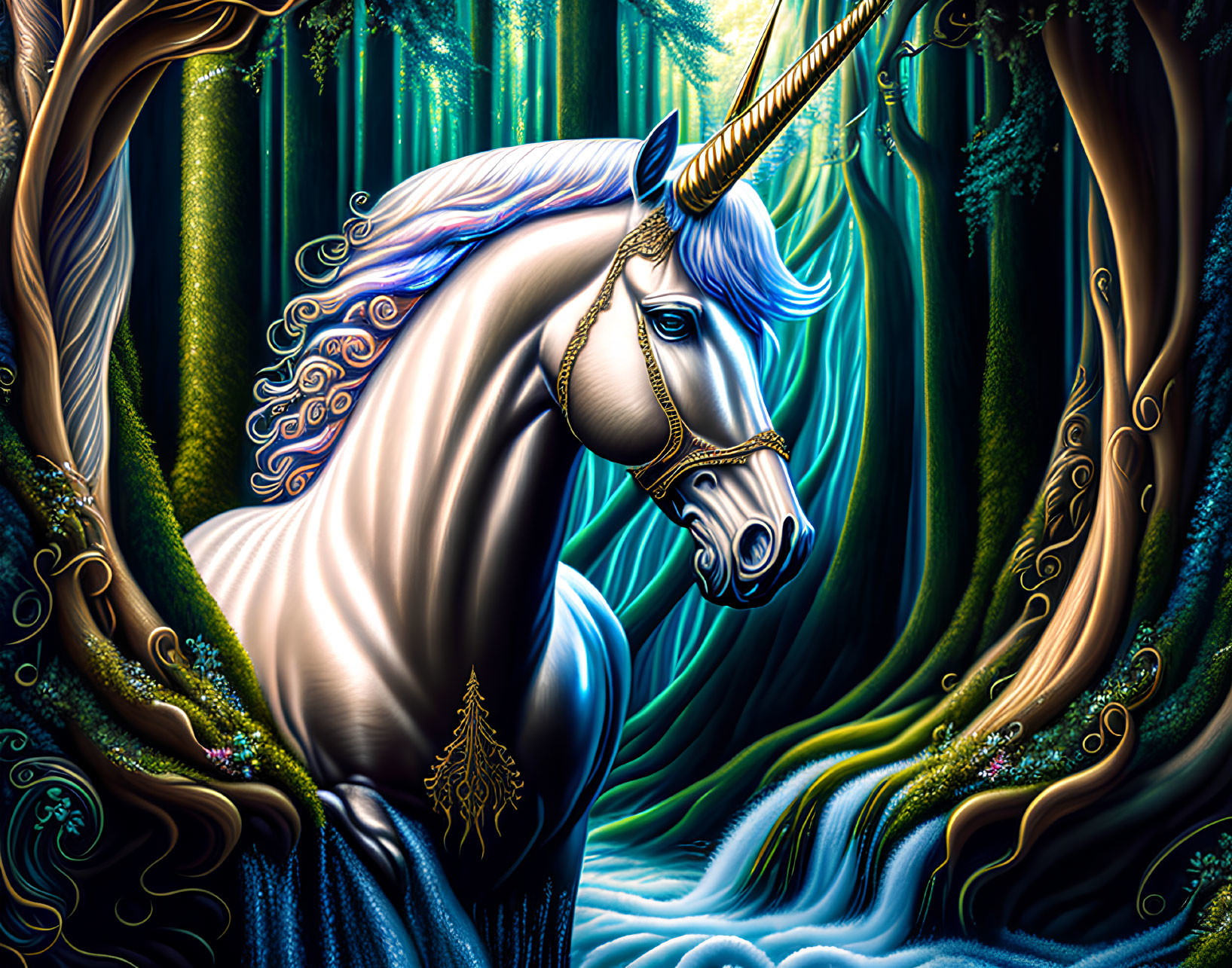 Majestic unicorn with golden horn in enchanted forest