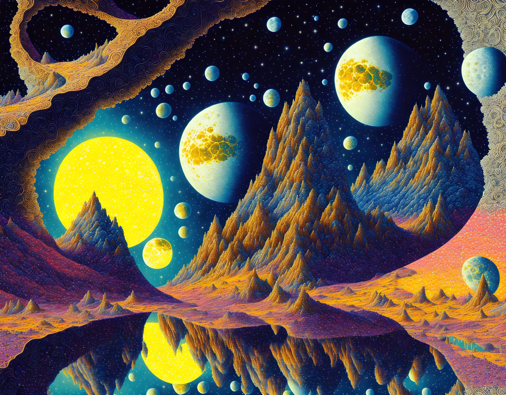 Vibrant surreal landscape with multiple moons and mirrored terrain