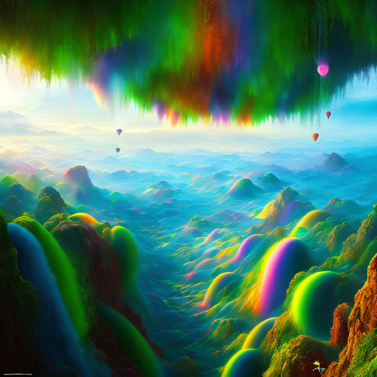 Colorful Fantasy Landscape with Hot Air Balloons and Upside-Down Forest