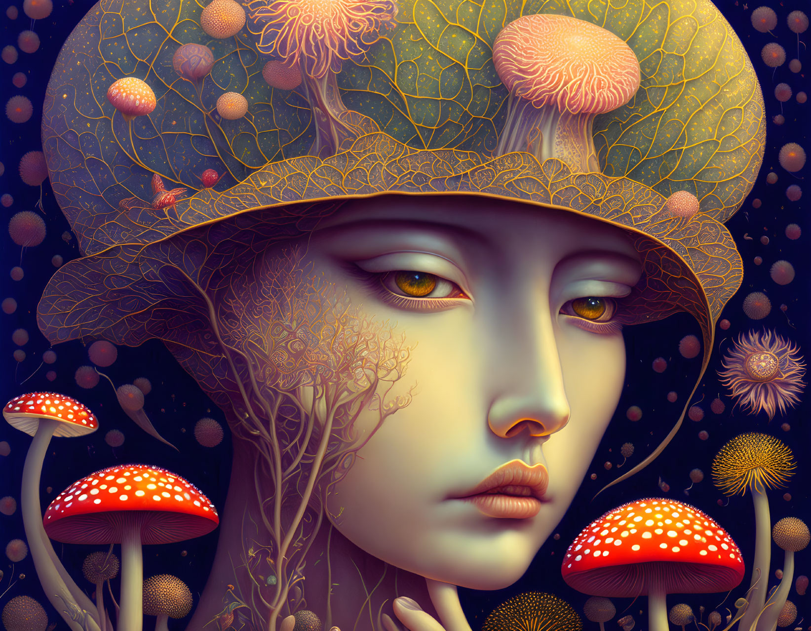 Surreal artwork: person with mushroom and plant features on dark background
