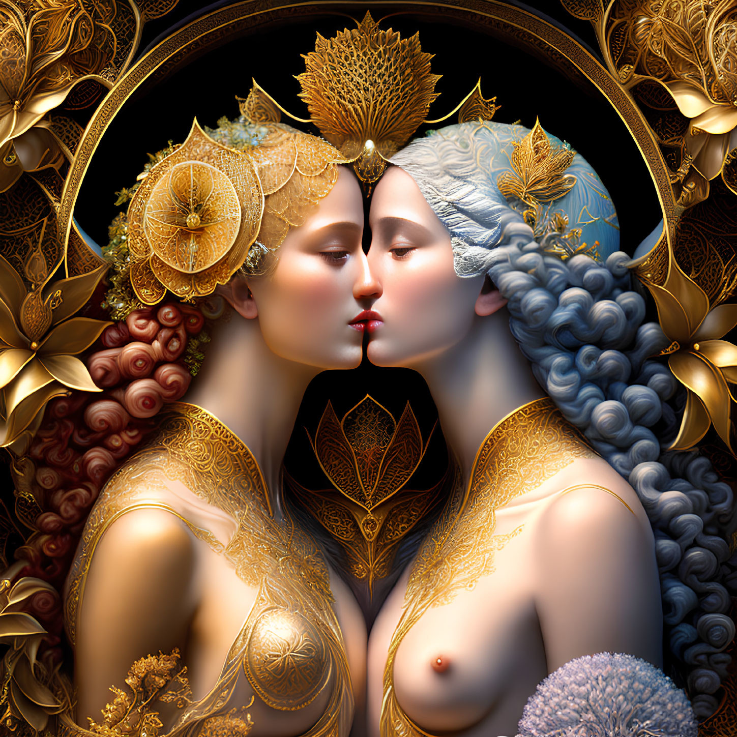 Symmetrical pose of two ornately adorned women with golden floral patterns