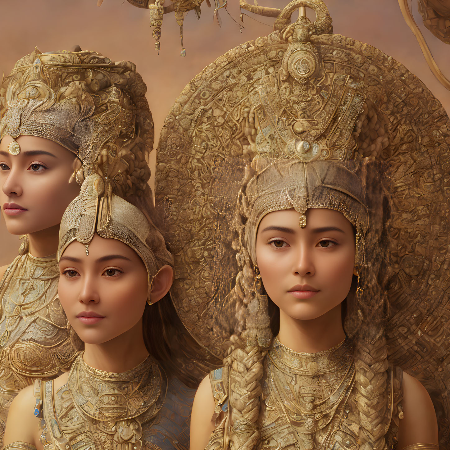 Three Women in Ornate Golden Headdresses and Armor on Matching Golden Backdrop