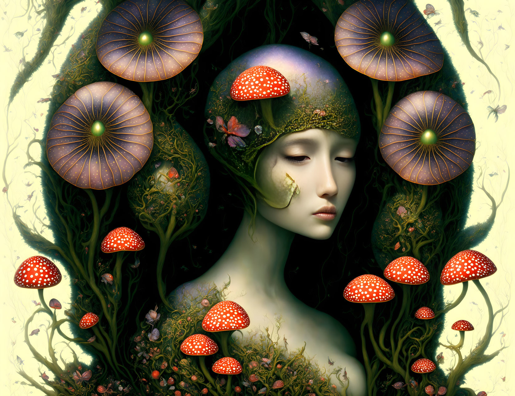 Surreal female portrait with mushrooms, vegetation, and cosmic headpiece