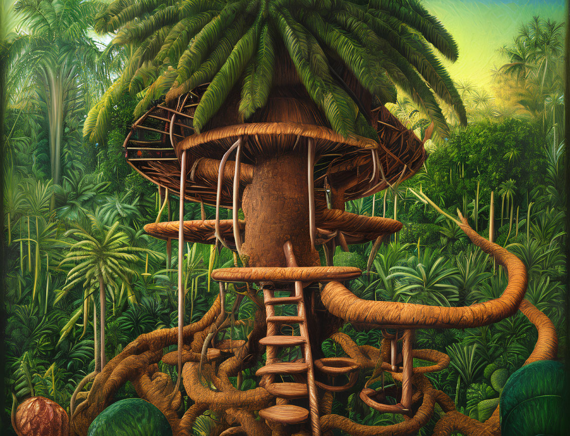 Circular platform treehouse in lush jungle with palm trees
