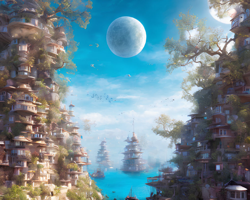 Fantastical landscape with towering tree-like structures and serene river under a large moon