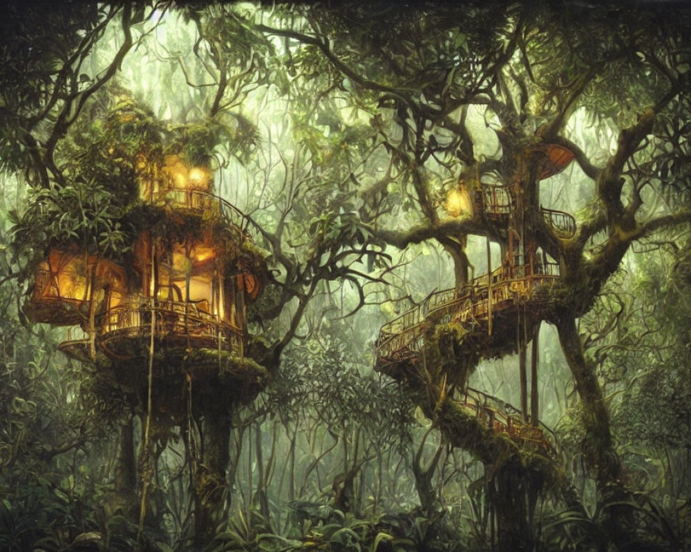 Enchanting treehouse in misty forest with lit windows