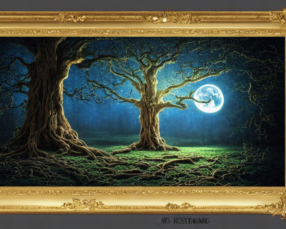 Intricate painting of gnarled trees under full moon in golden frame