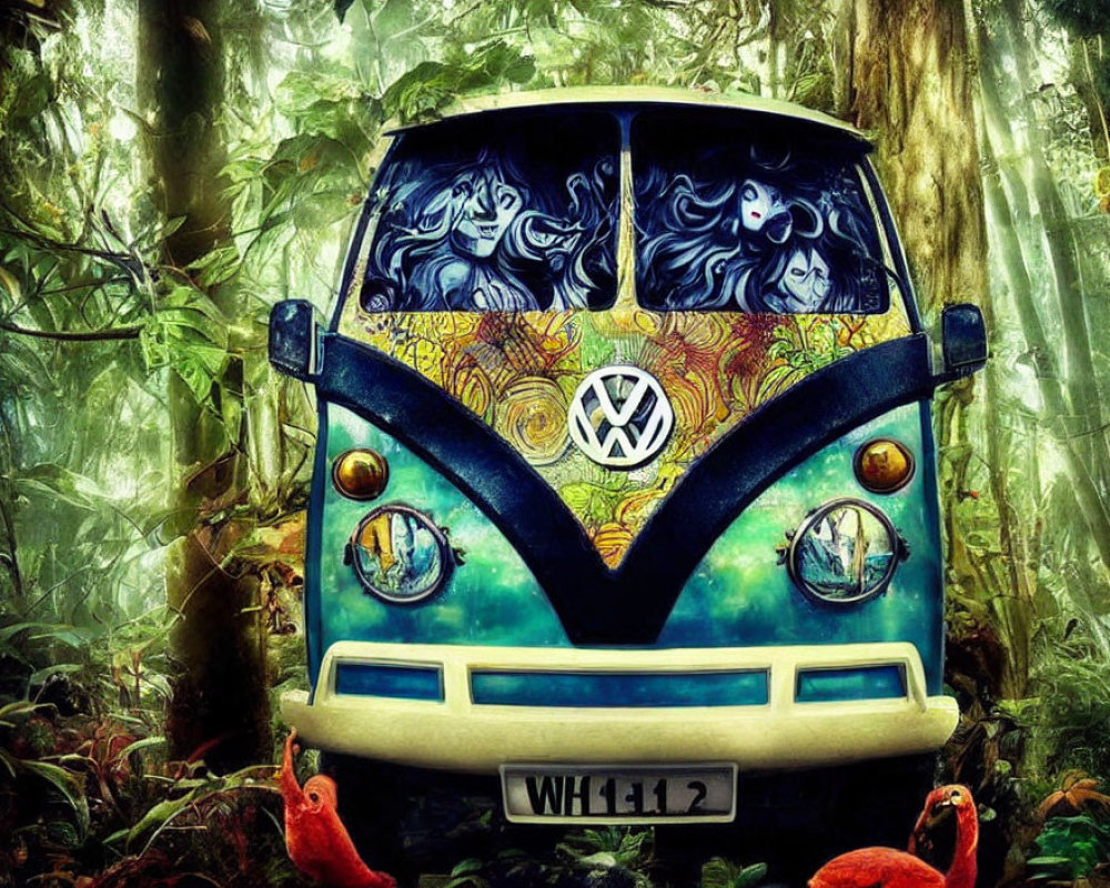 Colorful Volkswagen Van in Mystical Forest with Red Parrots