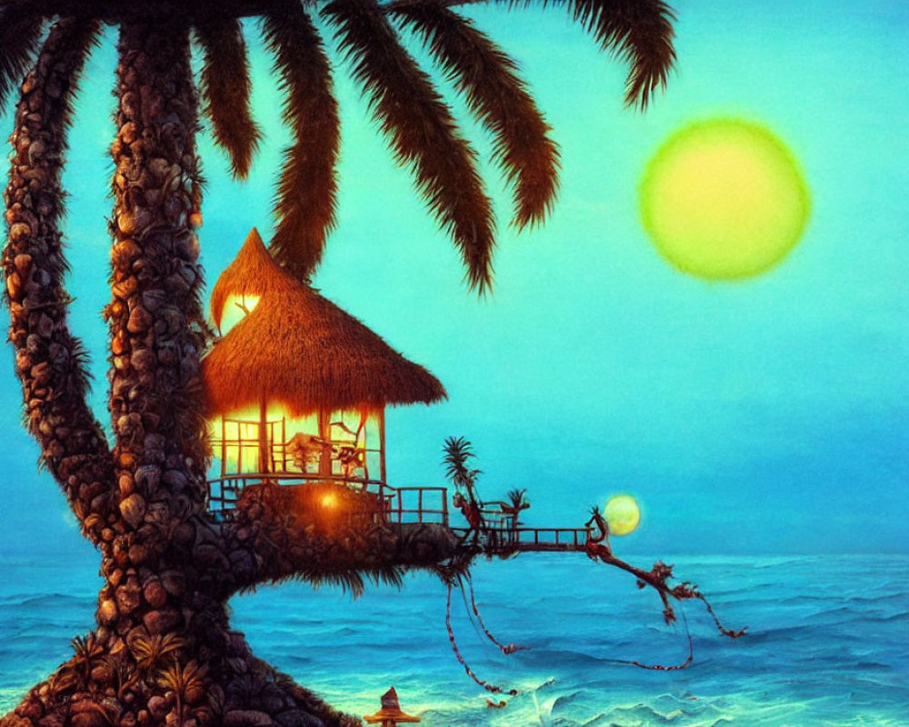 Thatched roof beach house on stilts at sunset