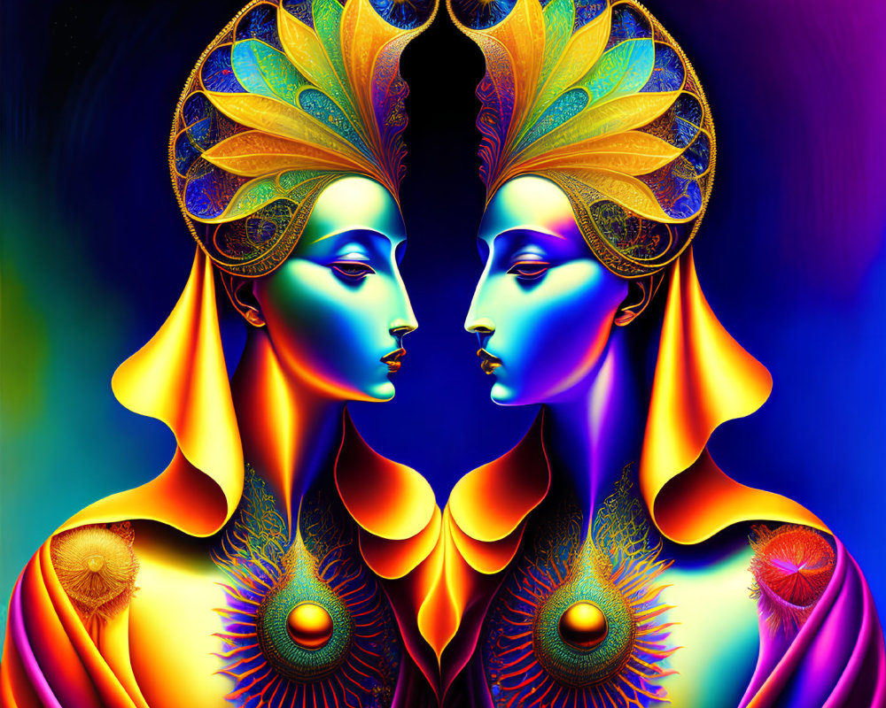 Symmetrical digital art: peacock feather motifs, neon hues