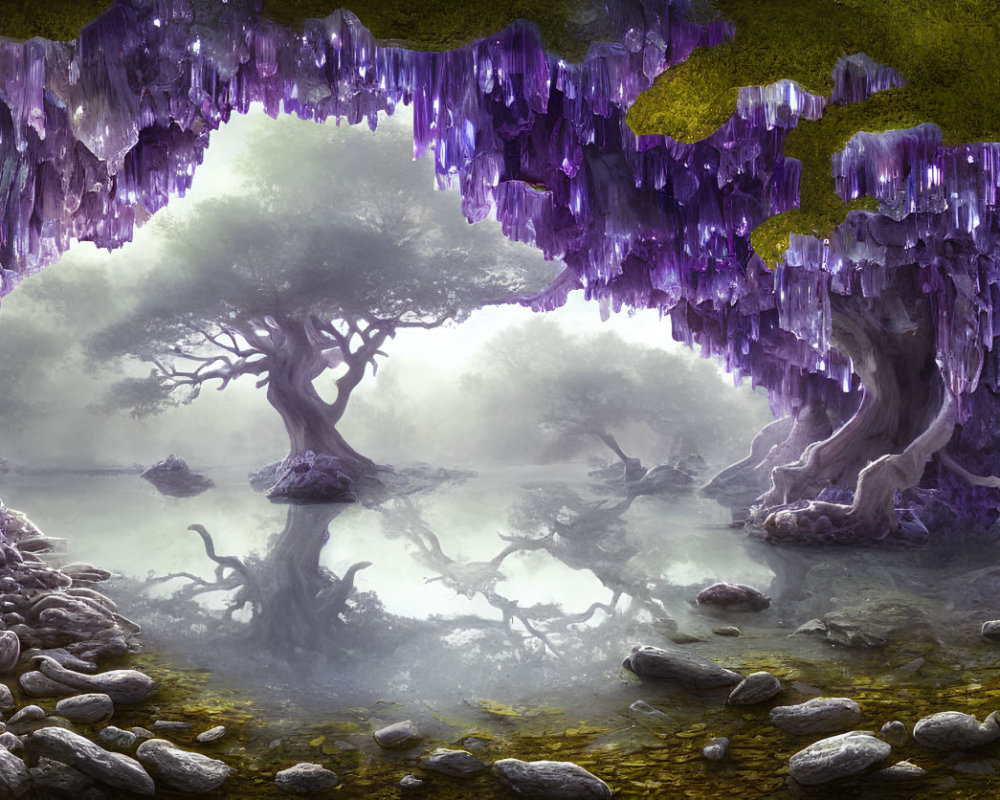 Enchanting forest scene with purple crystals, ancient trees, foggy water, rocks.