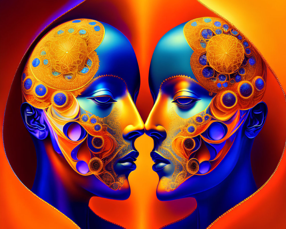 Symmetrical Stylized Faces with Vibrant Orange and Blue Hues