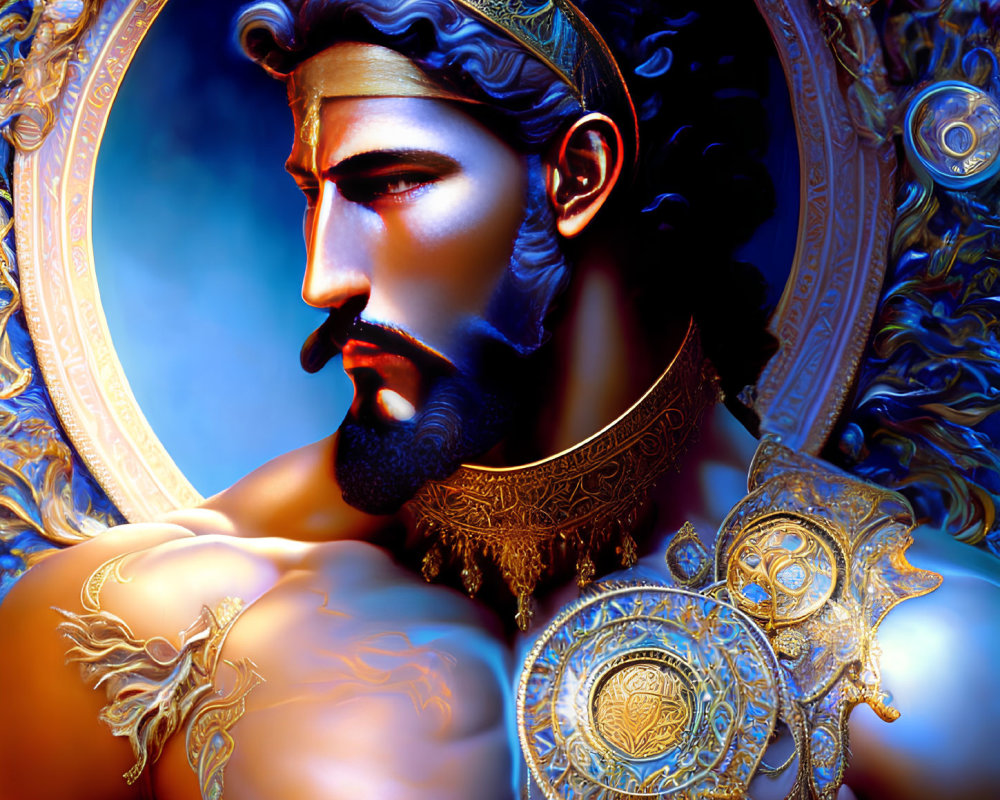 Digital artwork: Bearded man in golden armor with shield on ornamental backdrop