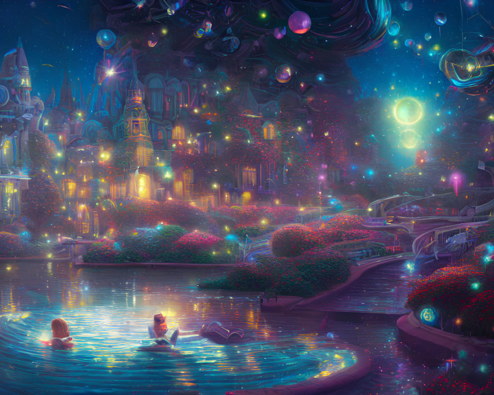 Fantastical night cityscape with glowing buildings and ethereal orbs.