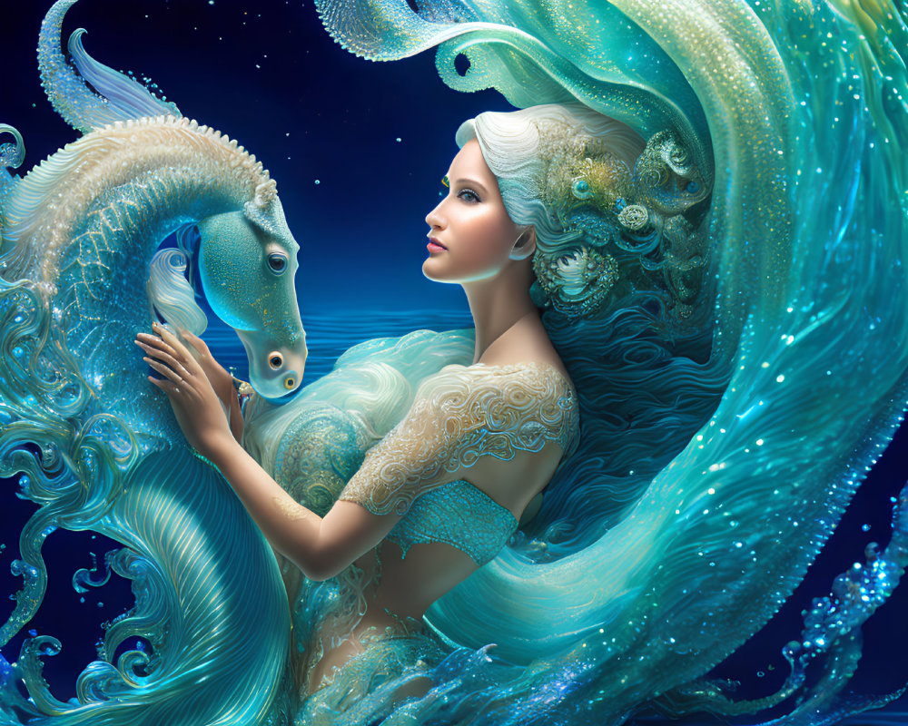 Illustration of woman with flowing ocean wave hair touching seahorse on blue backdrop