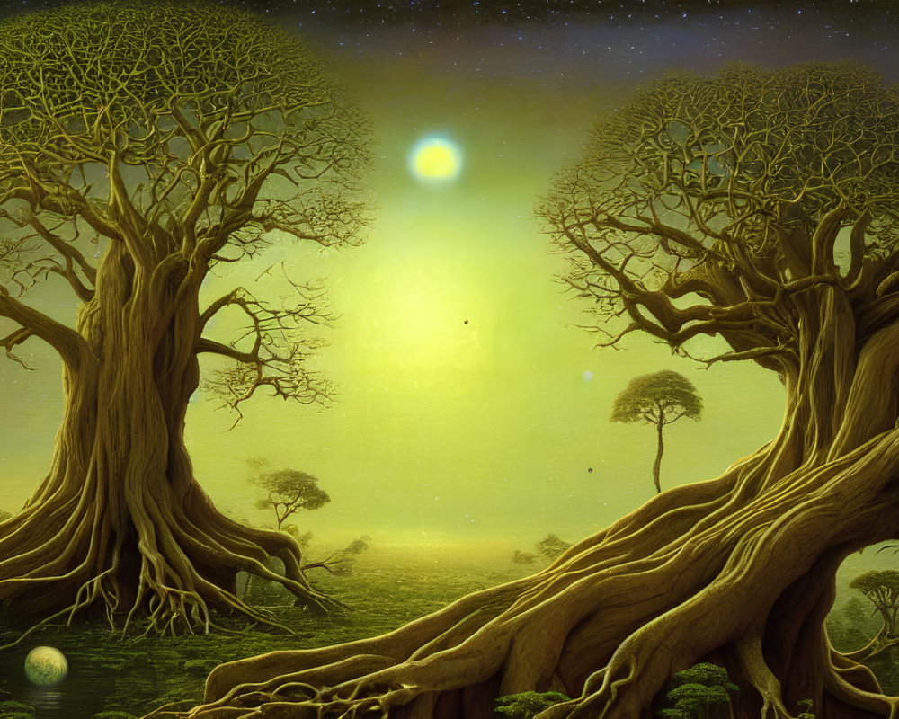 Mystical landscape featuring large trees, starry sky, and distant planet
