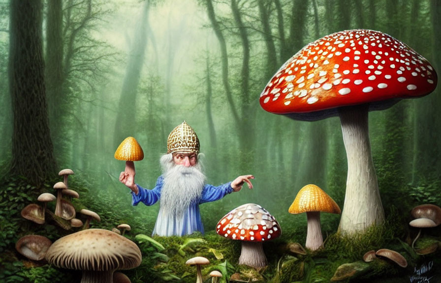 Fantastical bearded character with crown in enchanted forest among oversized mushrooms