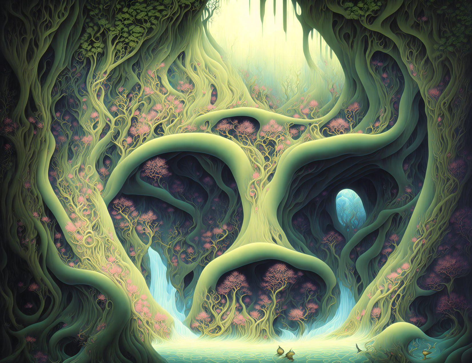 Mystical forest scene with twisting trees and glowing orbs