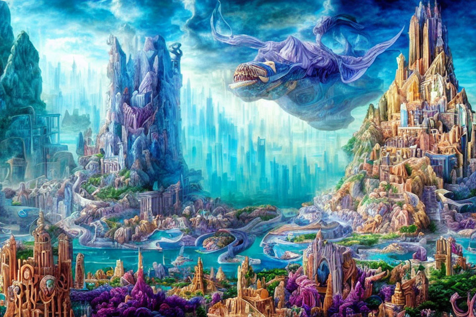 Fantastical landscape with crystal formations, purple flora, floating islands, and a majestic blue whale above