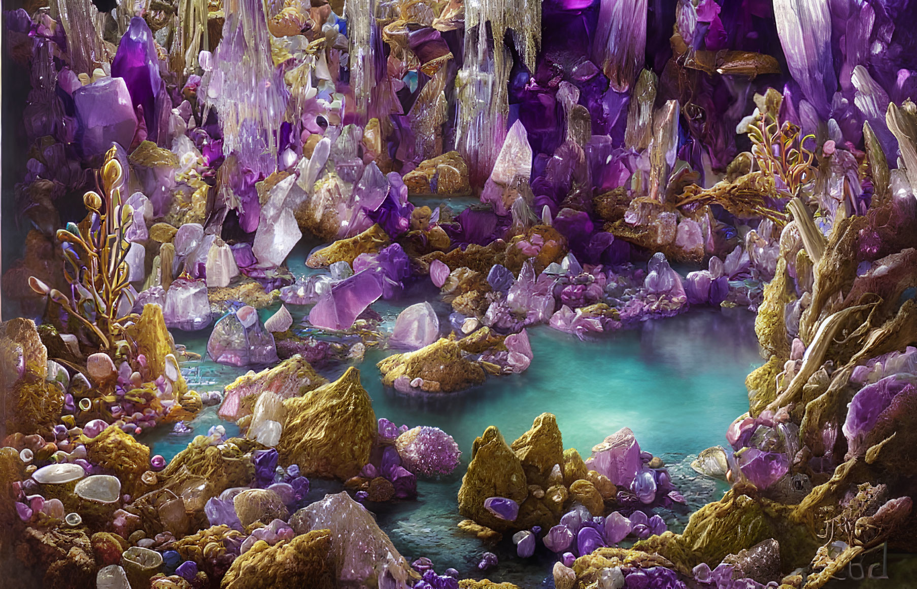 Vibrant amethyst crystal cave with teal water pool & colorful minerals