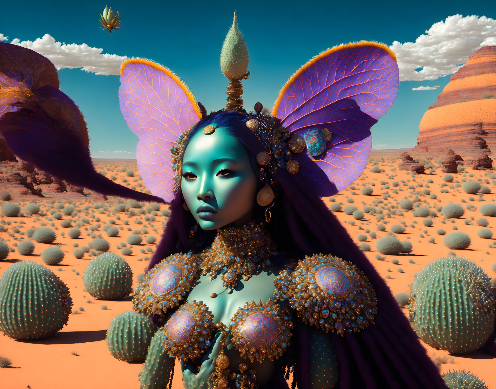 Digital artwork of female figure with blue skin, butterfly wings, headdress, and jewelry in desert landscape