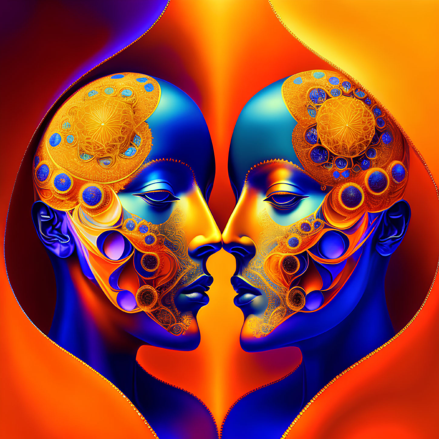 Symmetrical Stylized Faces with Vibrant Orange and Blue Hues
