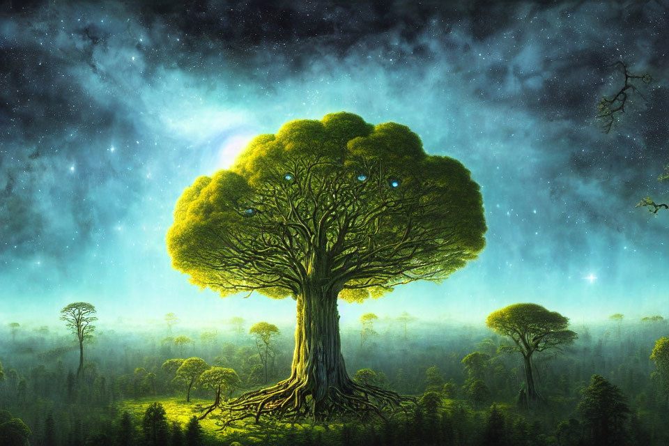 Tall majestic tree in lush forest under starry night sky