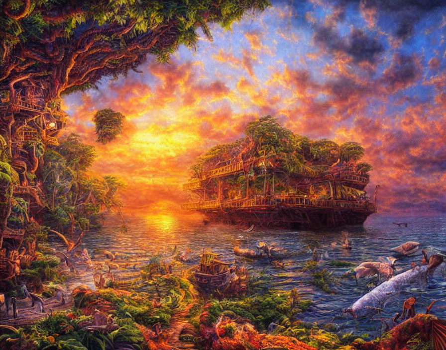Fantastical sunset landscape with ship, wildlife, and vibrant colors