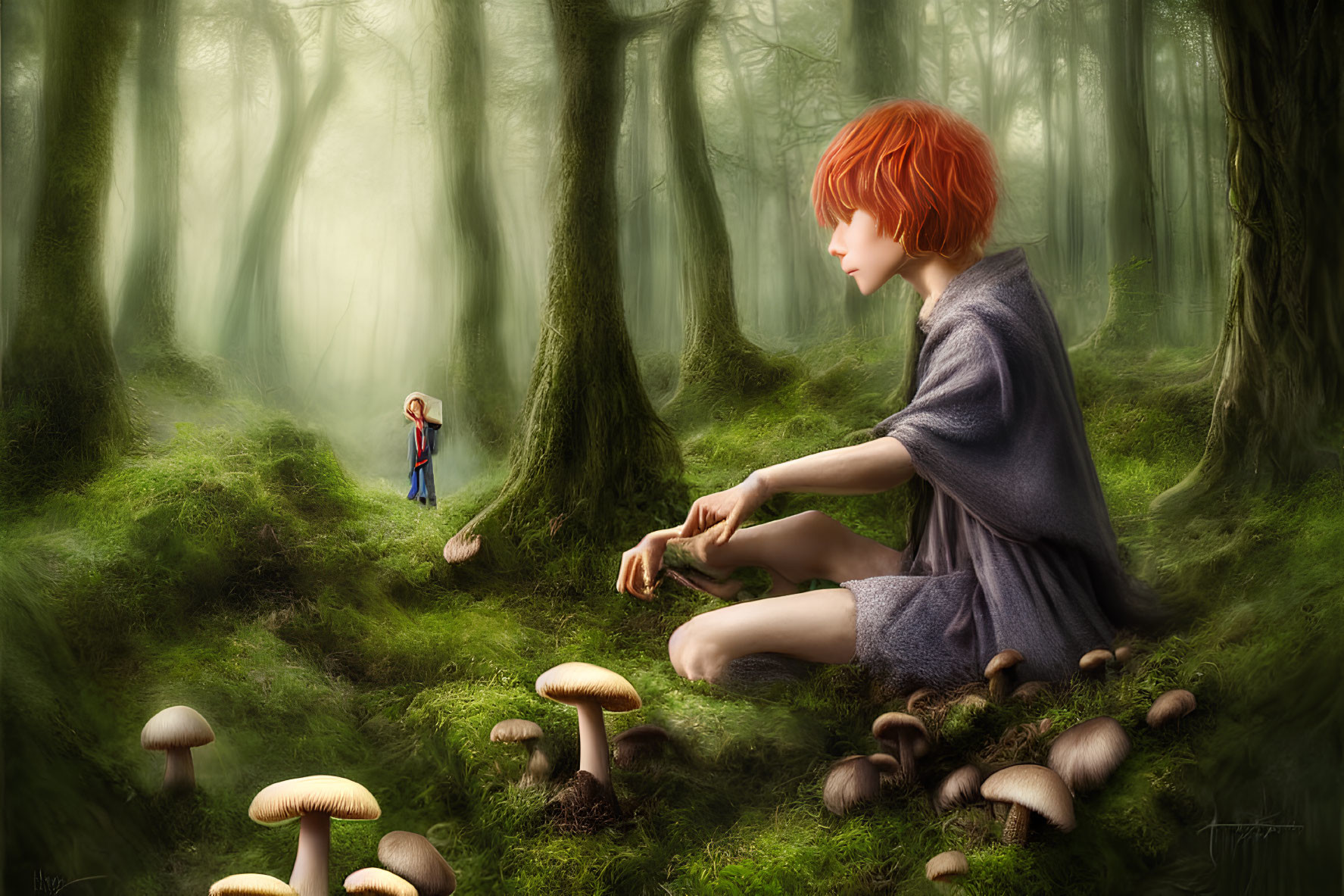 Digital art: Giant boy, tiny girl in mystical forest with oversized mushrooms in ethereal setting