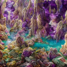 Vibrant amethyst crystal cave with teal water pool & colorful minerals