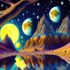 Vibrant surreal landscape with multiple moons and mirrored terrain