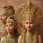 Three Women in Ornate Golden Headdresses and Armor on Matching Golden Backdrop