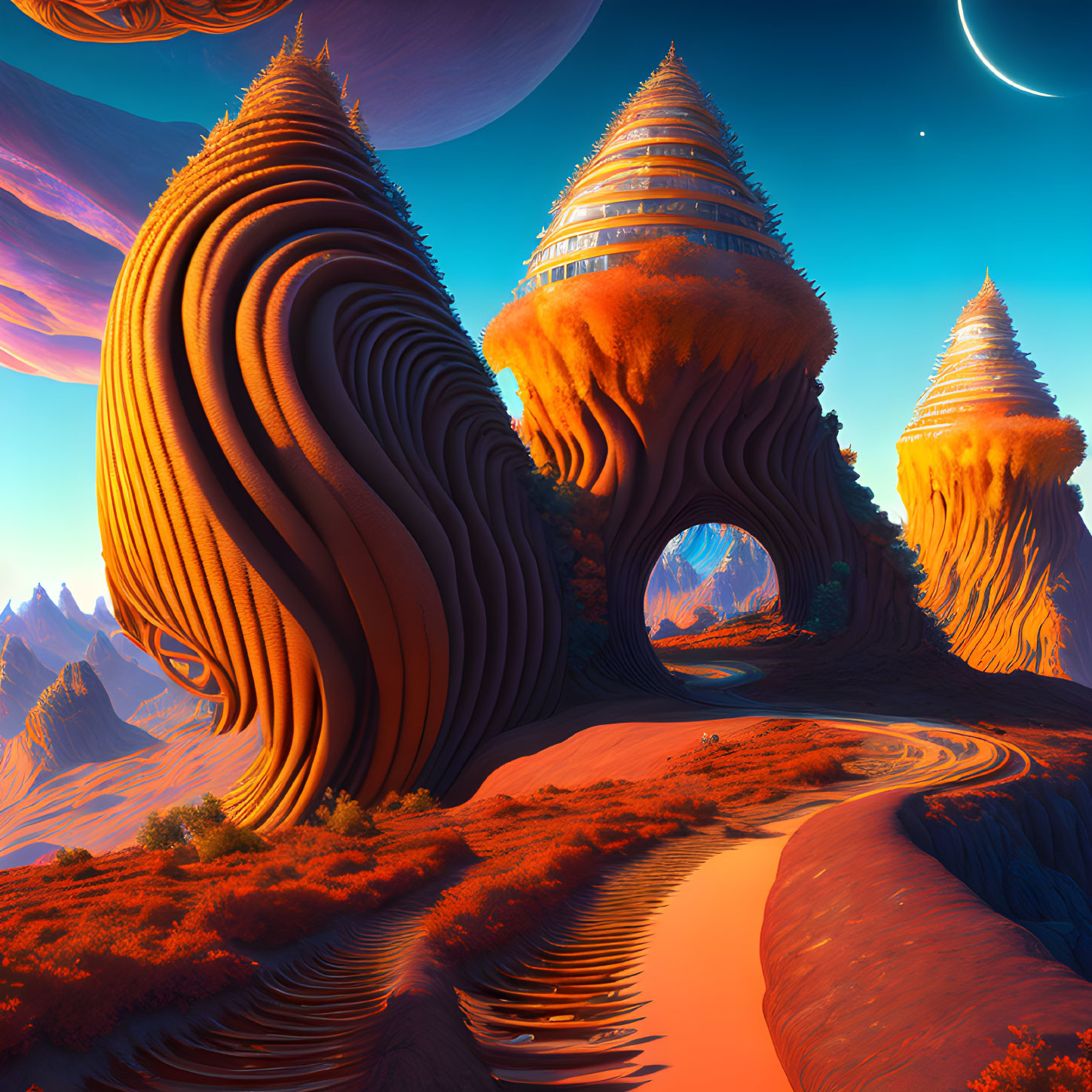 Surreal landscape with swirling rock formations and futuristic building under blue sky