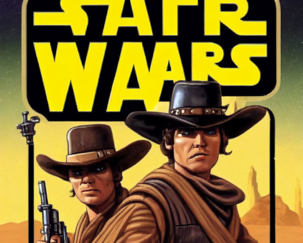 Sci-fi artwork with two characters in cowboy attire in a desert setting.