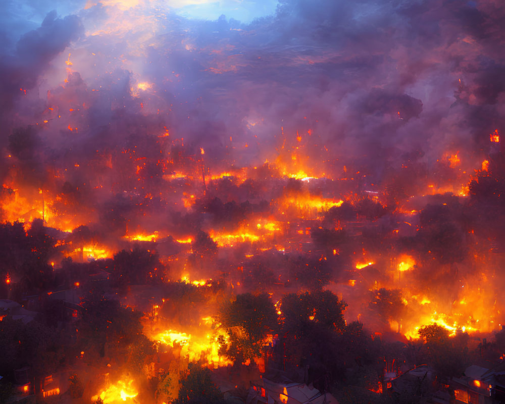 Settlement engulfed by devastating wildfire at dusk