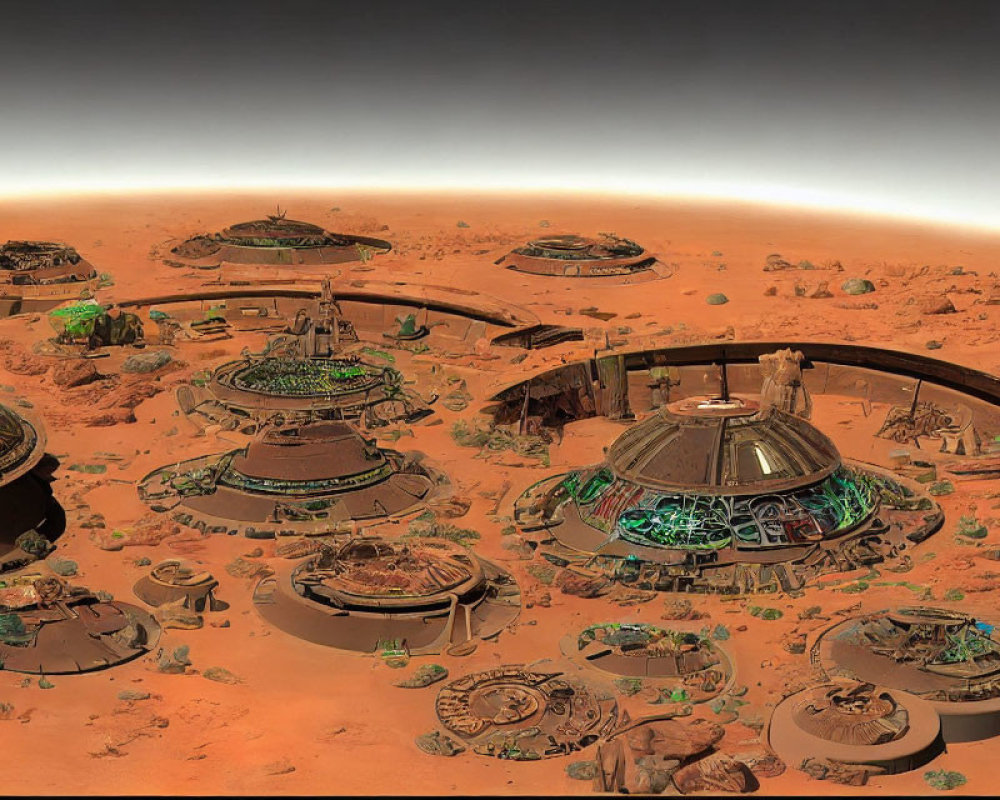 Futuristic Mars Colony with Dome Structures on Orange Terrain