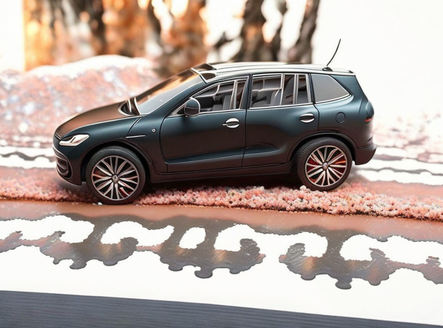Detailed Black SUV Scale Model with Red Accents on Petal-patterned Surface