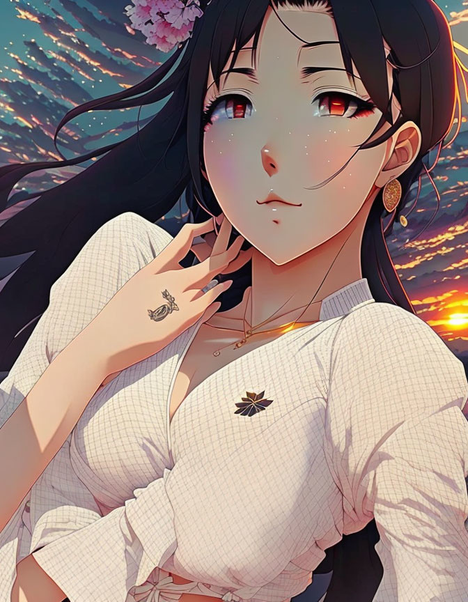 Long black hair anime-style girl in white outfit with golden earrings against sunset.