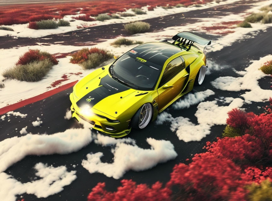 Yellow sports car drifting on track with red and white curbs amidst red foliage under cloudy sky