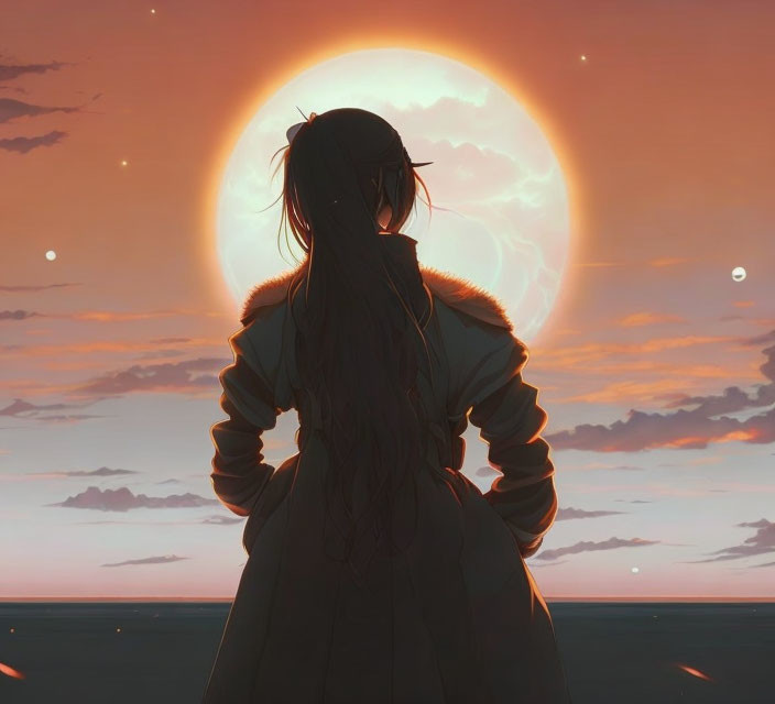 Silhouette of person with braided hair under rising moon in twilight sky